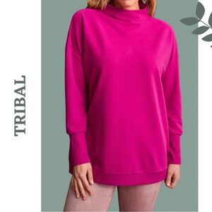 Tribal Pop Over Funnel Neck Long Sleeve Drop Shouler Ribbed Magenta Size Small